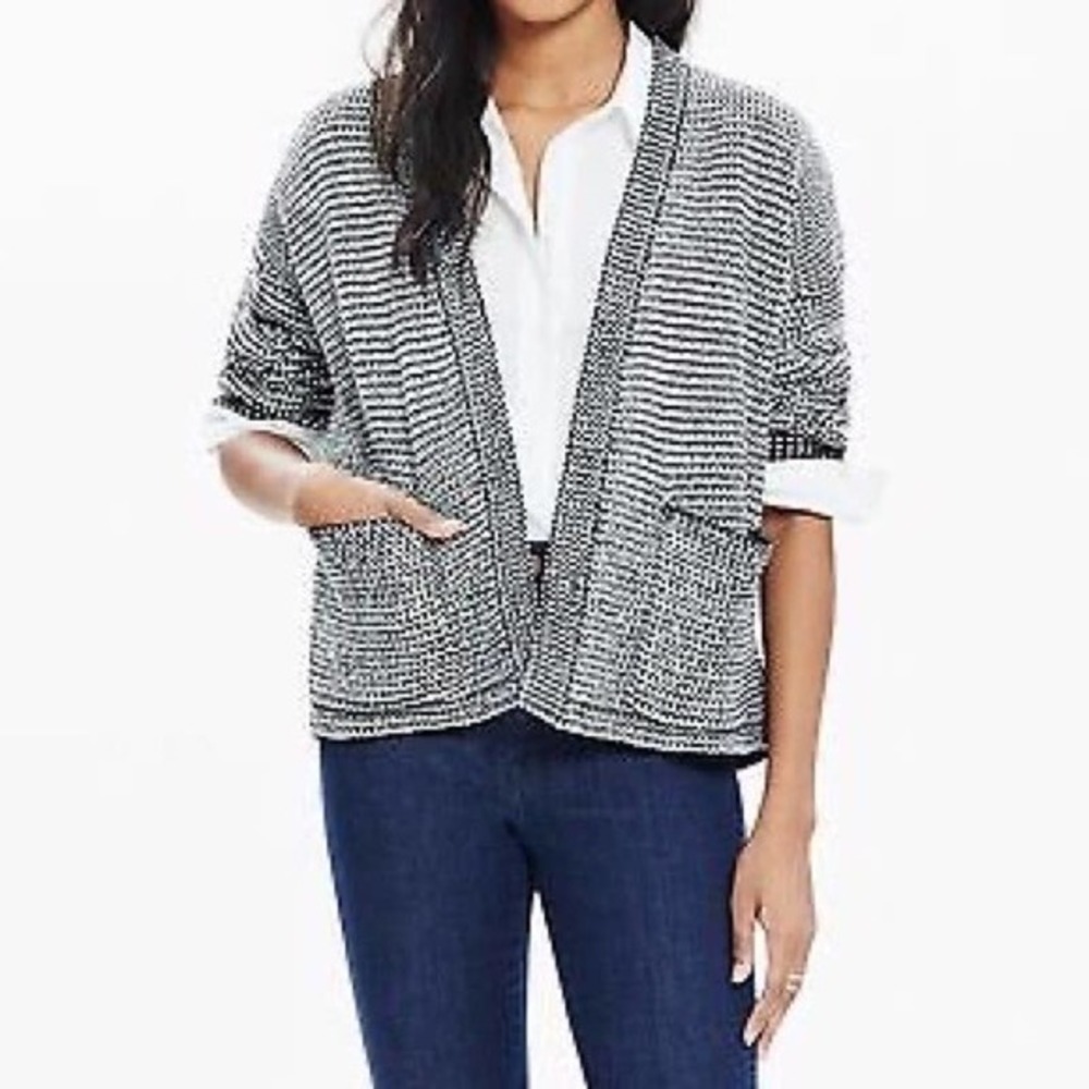 Madewell Cocoon Cardigan XS Extra Small Black White Knit Tweed Open Jacket Women